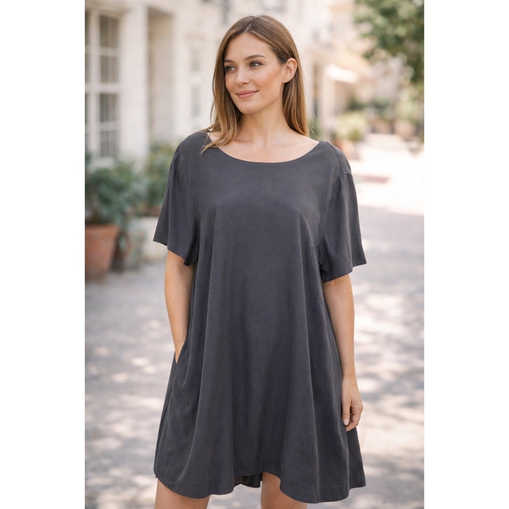 COS Blue Short Sleeve Shift Dress Pockets Sz 12 A-Line Cotton Blend Modest
